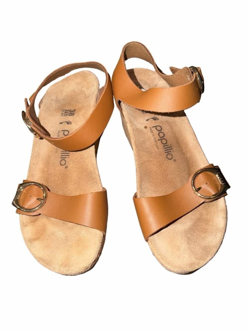 Birkenstock Papillio Soley Leather Wedge Sandals Ginger Brown Ring Buckle 38 7